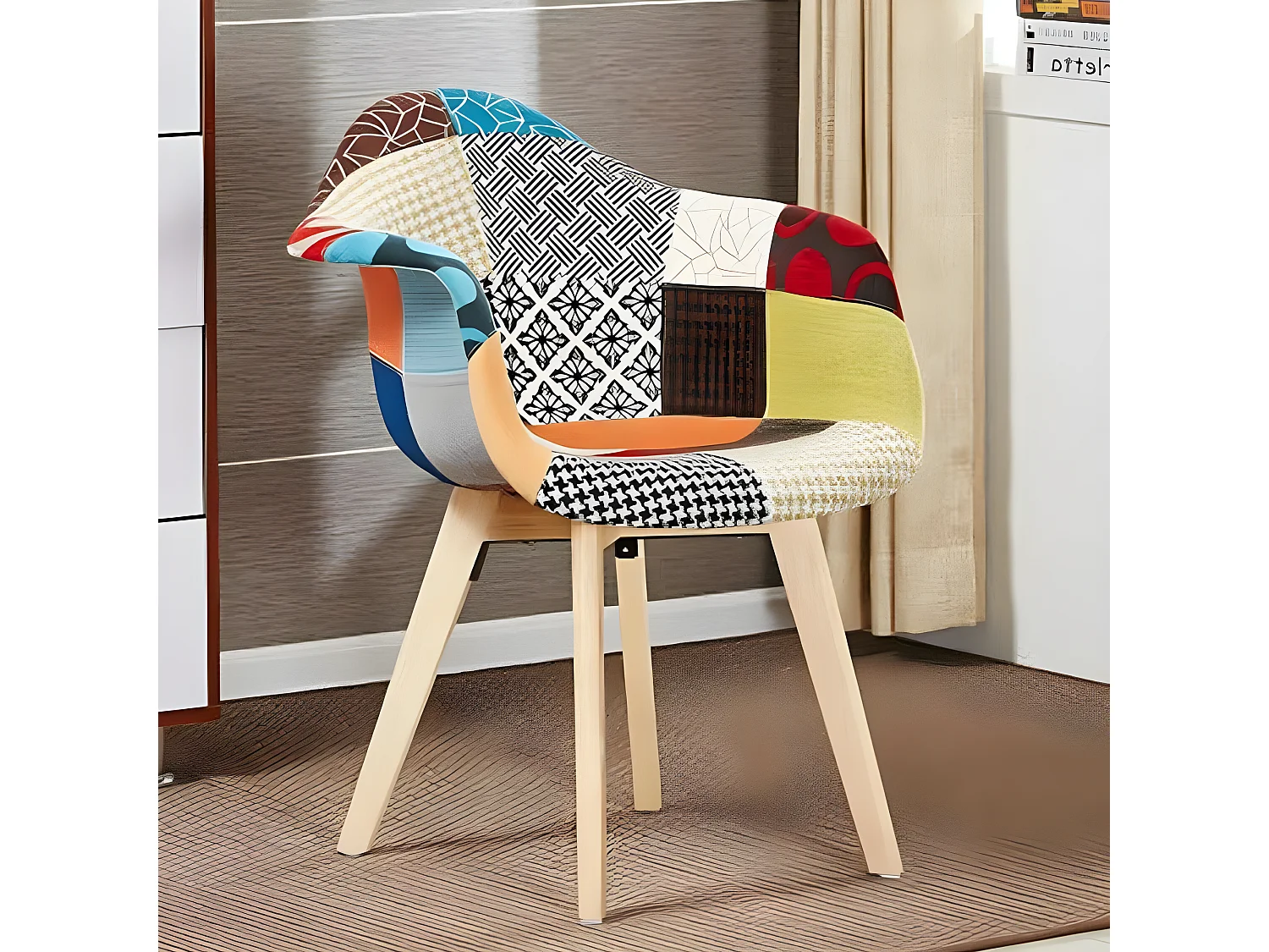 Lot de 4 fauteuils patchwork scandinave Tub - Tissu recouvert de pieds en bois - Multicolore