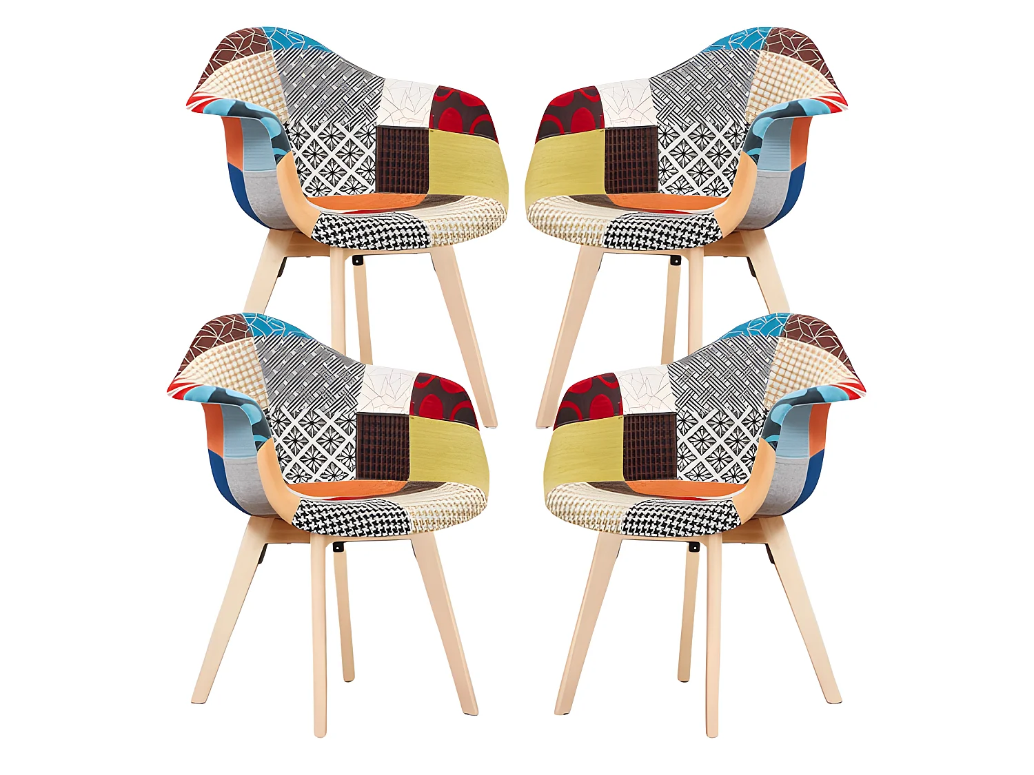 Lot de 4 fauteuils patchwork scandinave Tub - Tissu recouvert de pieds en bois - Multicolore