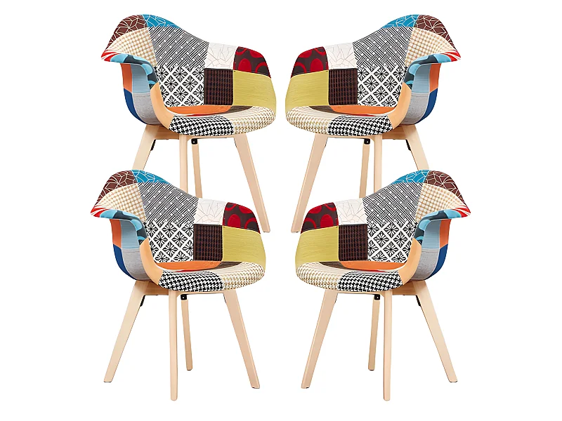 Lot de 4 fauteuils patchwork scandinave Tub - Tissu recouvert de pieds en bois - Multicolore