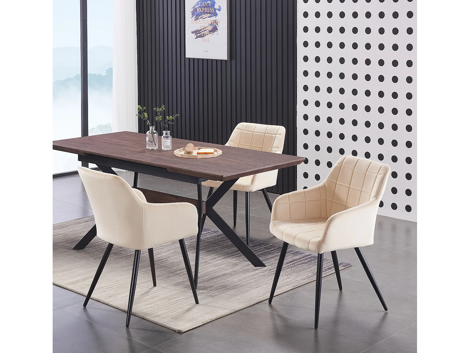 Ensemble de 6 chaises de salle à manger Camden - Tapissées de velours avec pattes en métal - Crème