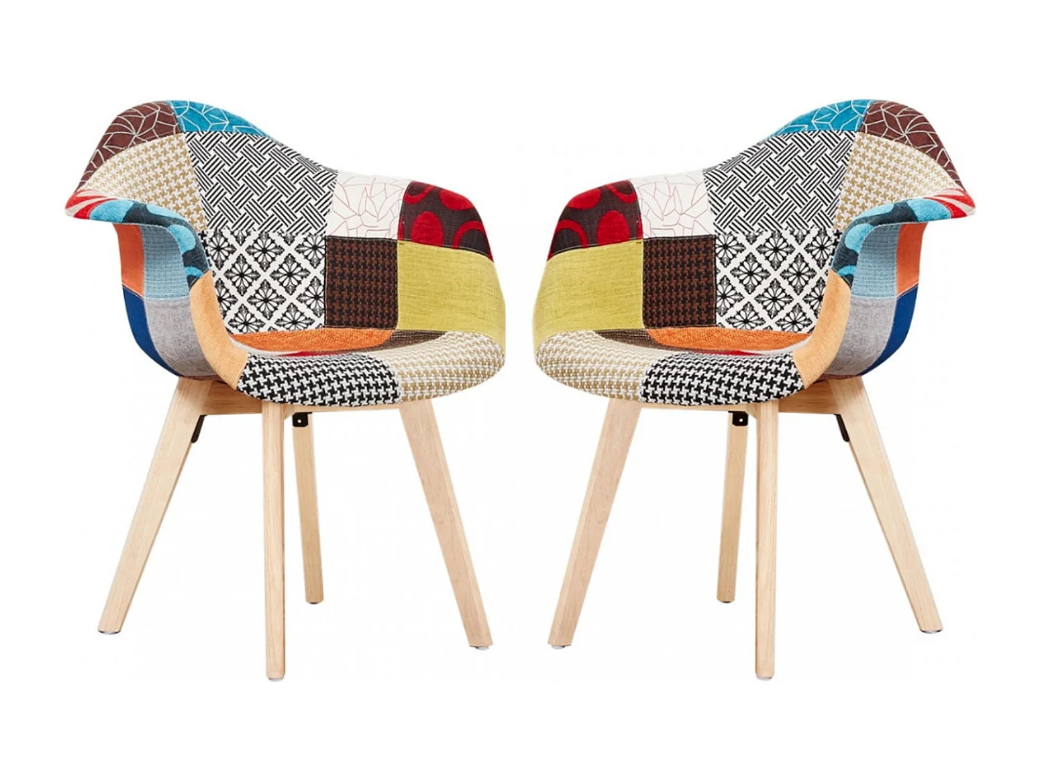 Lot de 2 fauteuils patchwork scandinave Tub - Tissu recouvert de pieds en bois - Multicolore