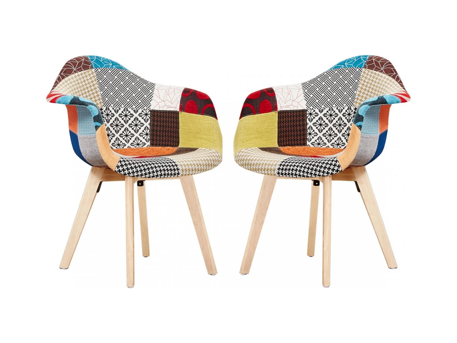 Lot de 2 fauteuils patchwork scandinave Tub - Tissu recouvert de pieds en bois - Multicolore