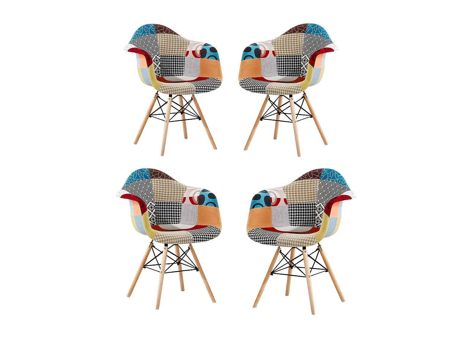 Ensemble de 4 fauteuils Moda patchwork Tub - Tissu recouvert de pieds en bois - Multicolore