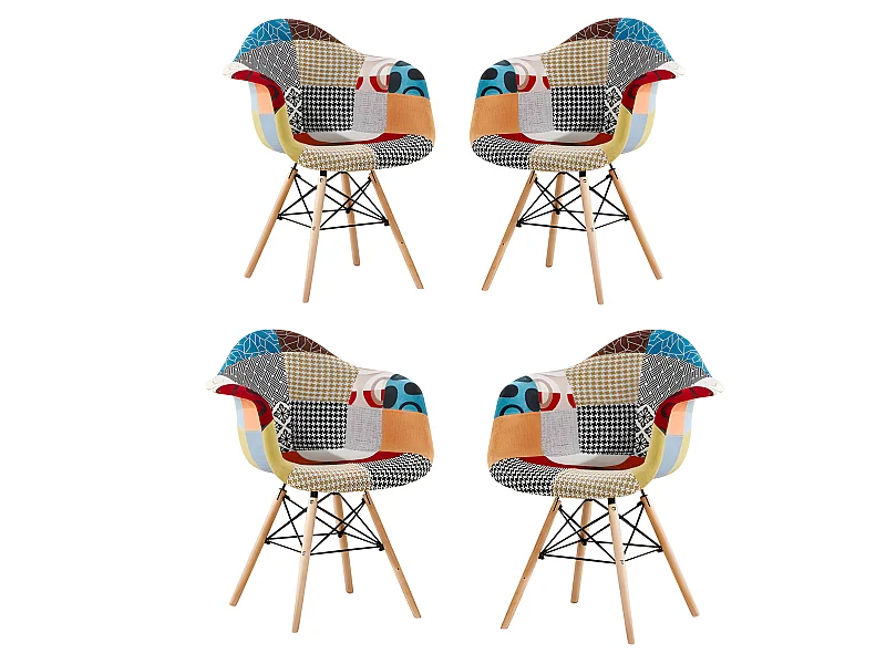 Ensemble de 4 fauteuils Moda patchwork Tub - Tissu recouvert de pieds en bois - Multicolore
