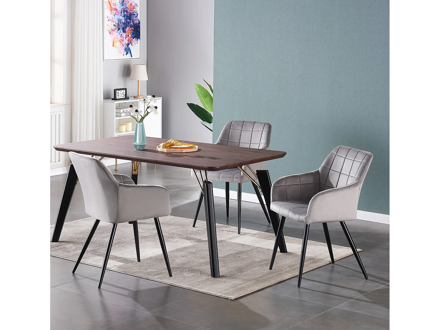 Ensemble de 4 chaises de salle à manger Camden - Tapissées de velours avec pieds en métal - Gris clair