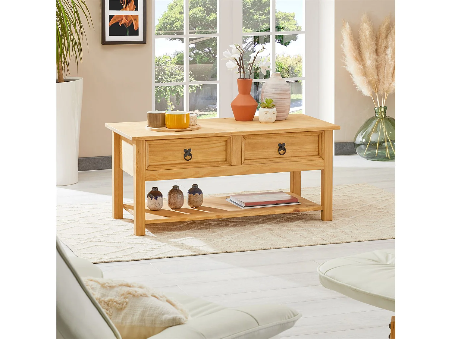 Table basse TEQUILA table de salon rectangulaire style mexicain, avec 2 tiroirs et 1 étagère inférieure, en pin massif teinté/ciré