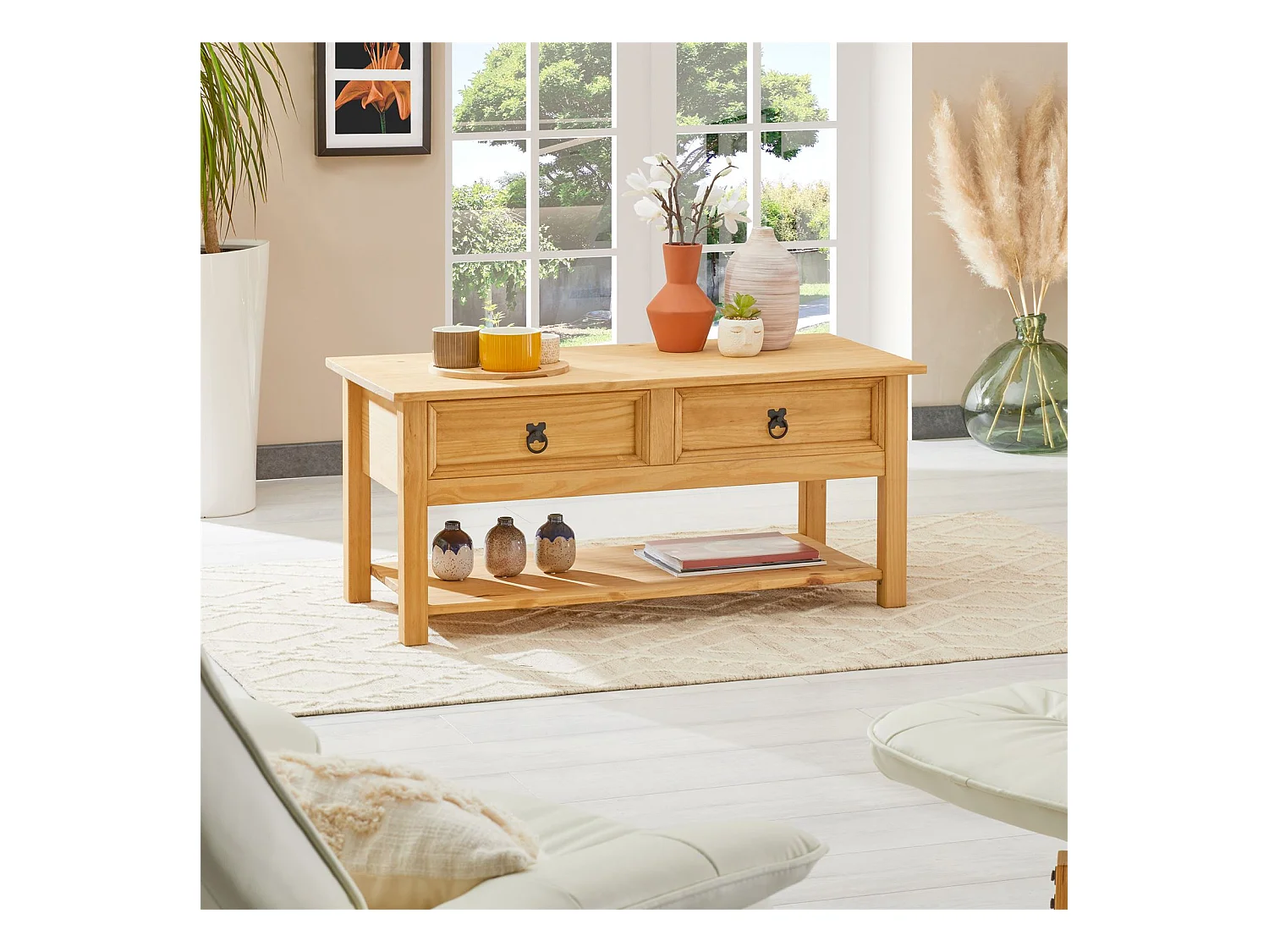 Table basse TEQUILA table de salon rectangulaire style mexicain, avec 2 tiroirs et 1 étagère inférieure, en pin massif teinté/ciré