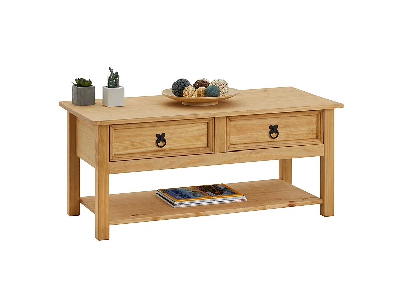 Table basse TEQUILA table de salon rectangulaire style mexicain, avec 2 tiroirs et 1 étagère inférieure, en pin massif teinté/ciré