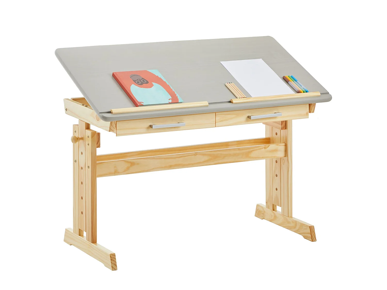 Bureau enfant écolier junior OLIVIA table à dessin réglable en hauteur et pupitre inclinable, 2 tiroirs en pin massif naturel/gris