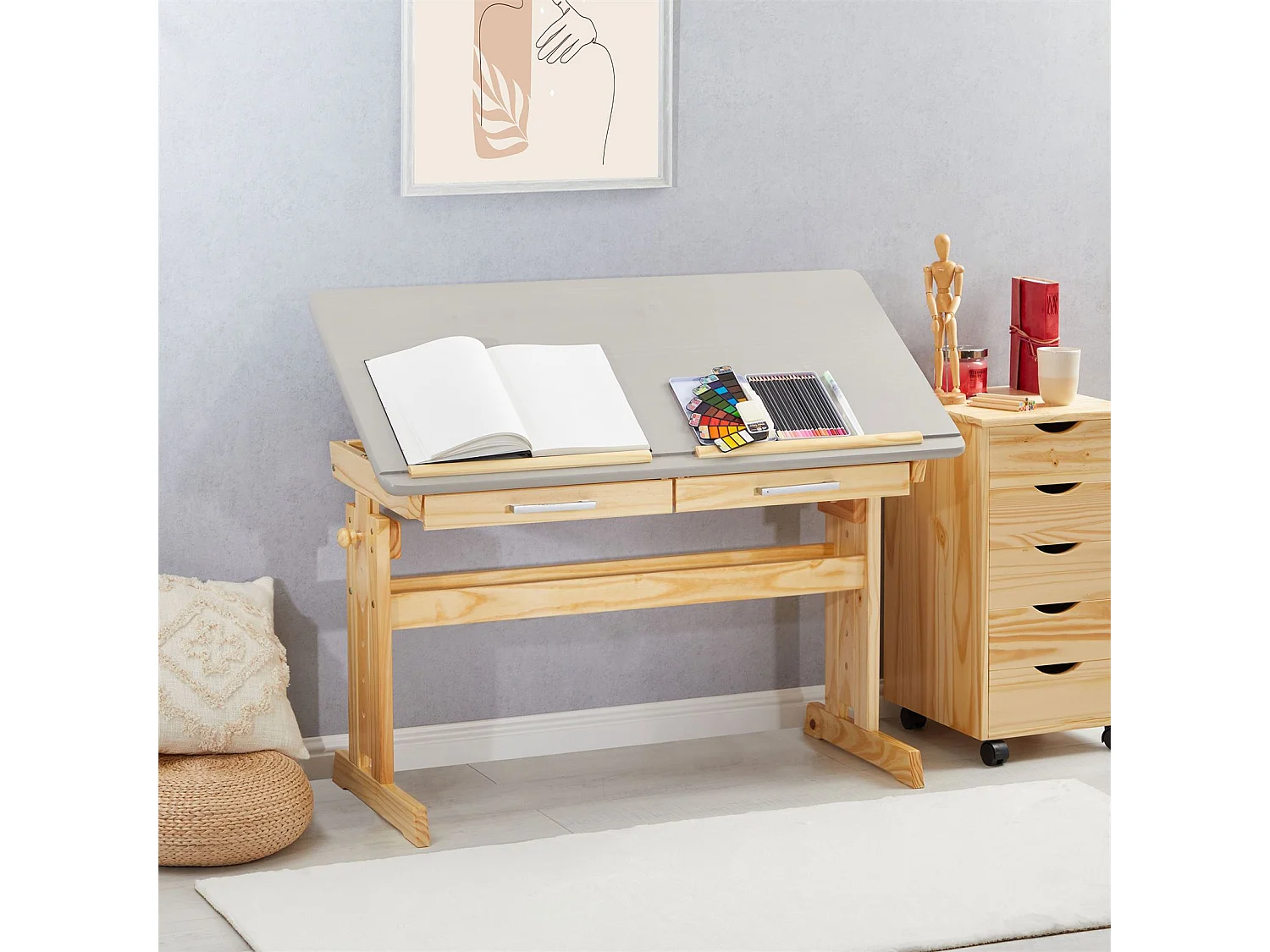 Bureau enfant écolier junior OLIVIA table à dessin réglable en hauteur et pupitre inclinable, 2 tiroirs en pin massif naturel/gris