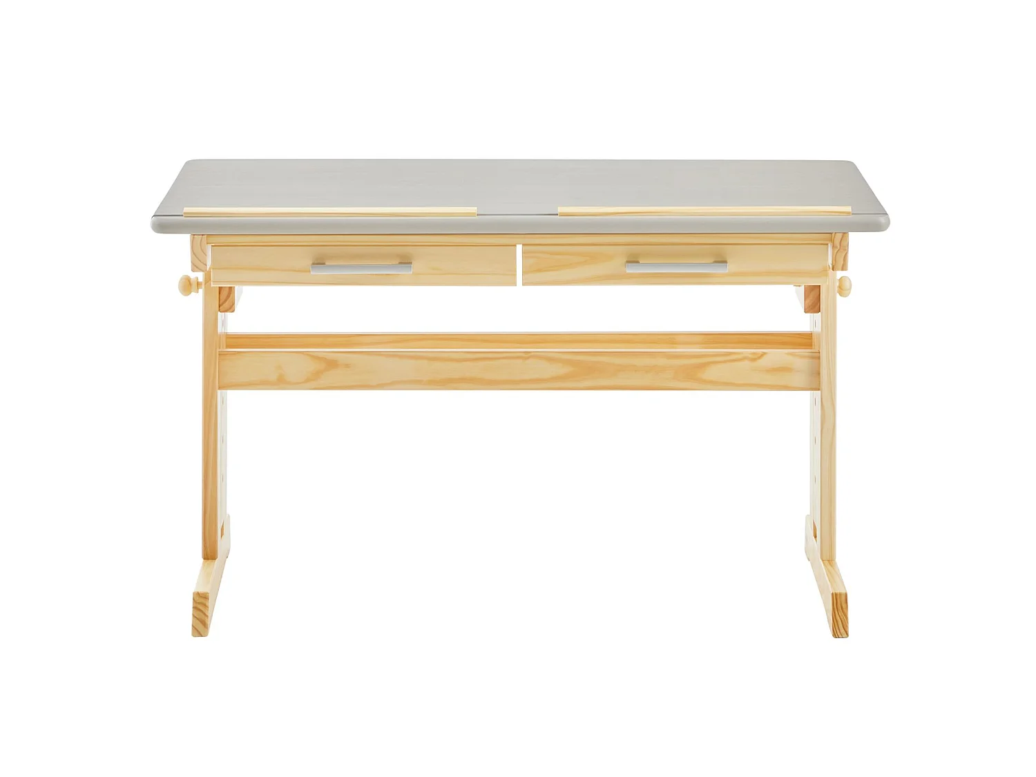 Bureau enfant écolier junior OLIVIA table à dessin réglable en hauteur et pupitre inclinable, 2 tiroirs en pin massif naturel/gris