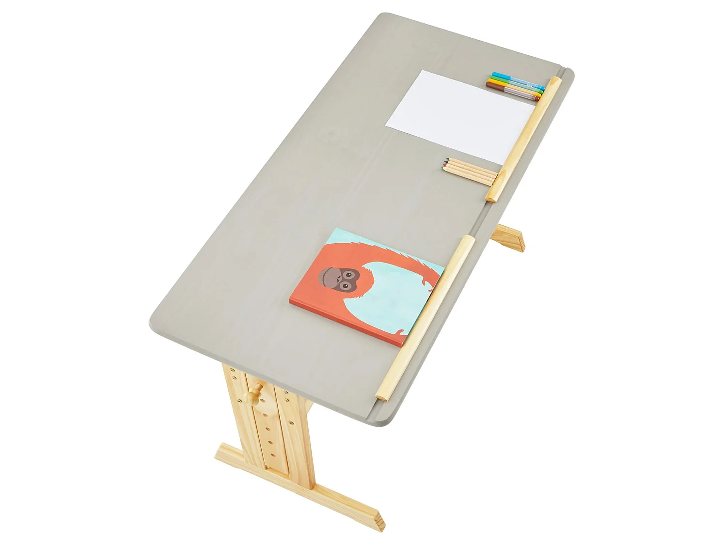 Bureau enfant écolier junior OLIVIA table à dessin réglable en hauteur et pupitre inclinable, 2 tiroirs en pin massif naturel/gris