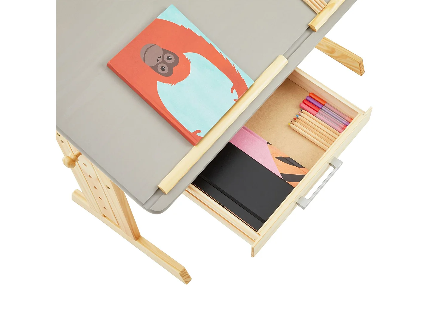 Bureau enfant écolier junior OLIVIA table à dessin réglable en hauteur et pupitre inclinable, 2 tiroirs en pin massif naturel/gris