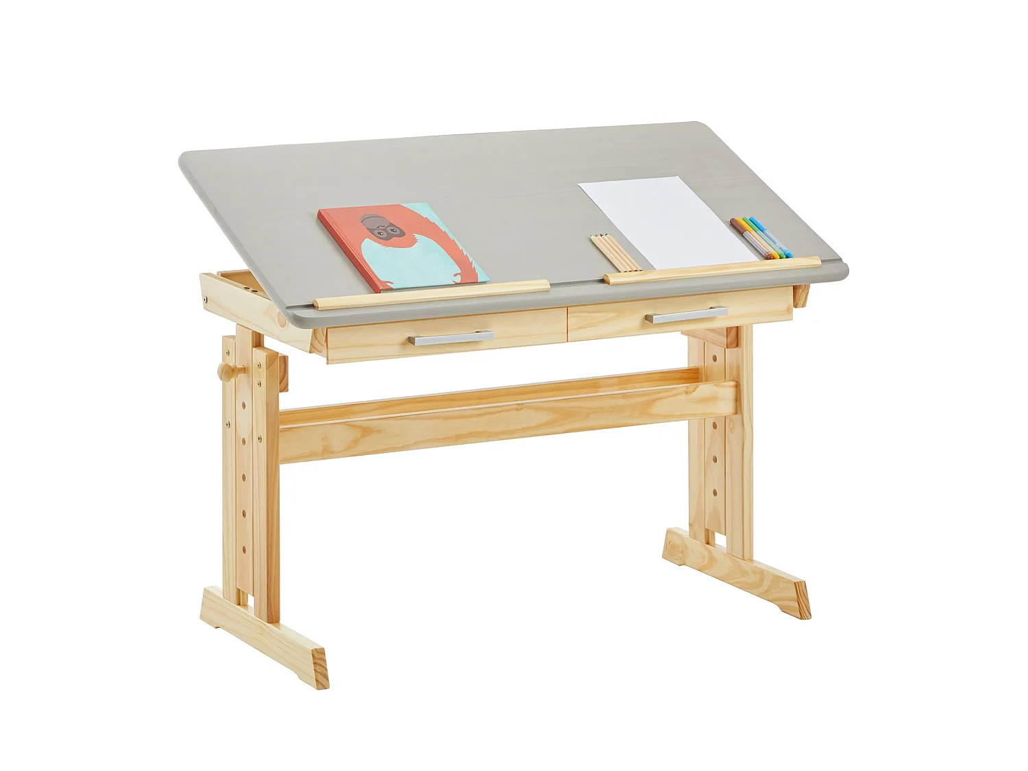 Bureau enfant écolier junior OLIVIA table à dessin réglable en hauteur et pupitre inclinable, 2 tiroirs en pin massif naturel/gris