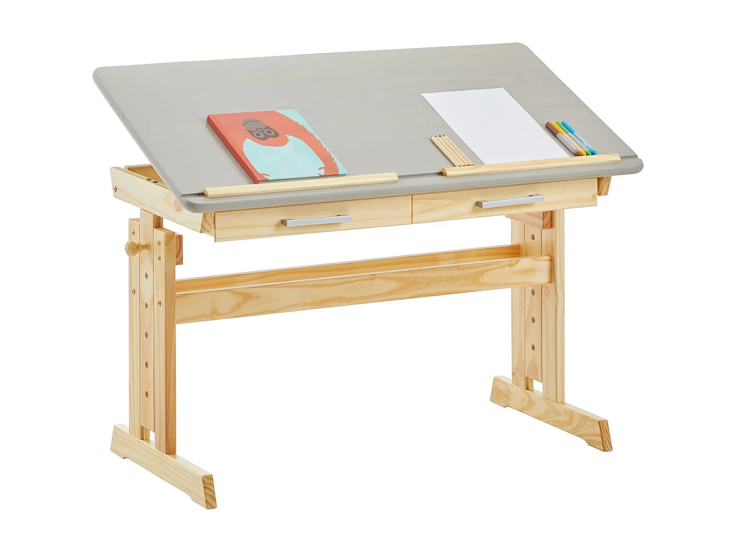 Bureau enfant écolier junior OLIVIA table à dessin réglable en hauteur et pupitre inclinable, 2 tiroirs en pin massif naturel/gris