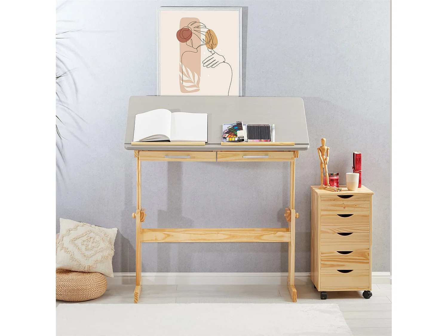 Bureau enfant écolier junior OLIVIA table à dessin réglable en hauteur et pupitre inclinable, 2 tiroirs en pin massif naturel/gris
