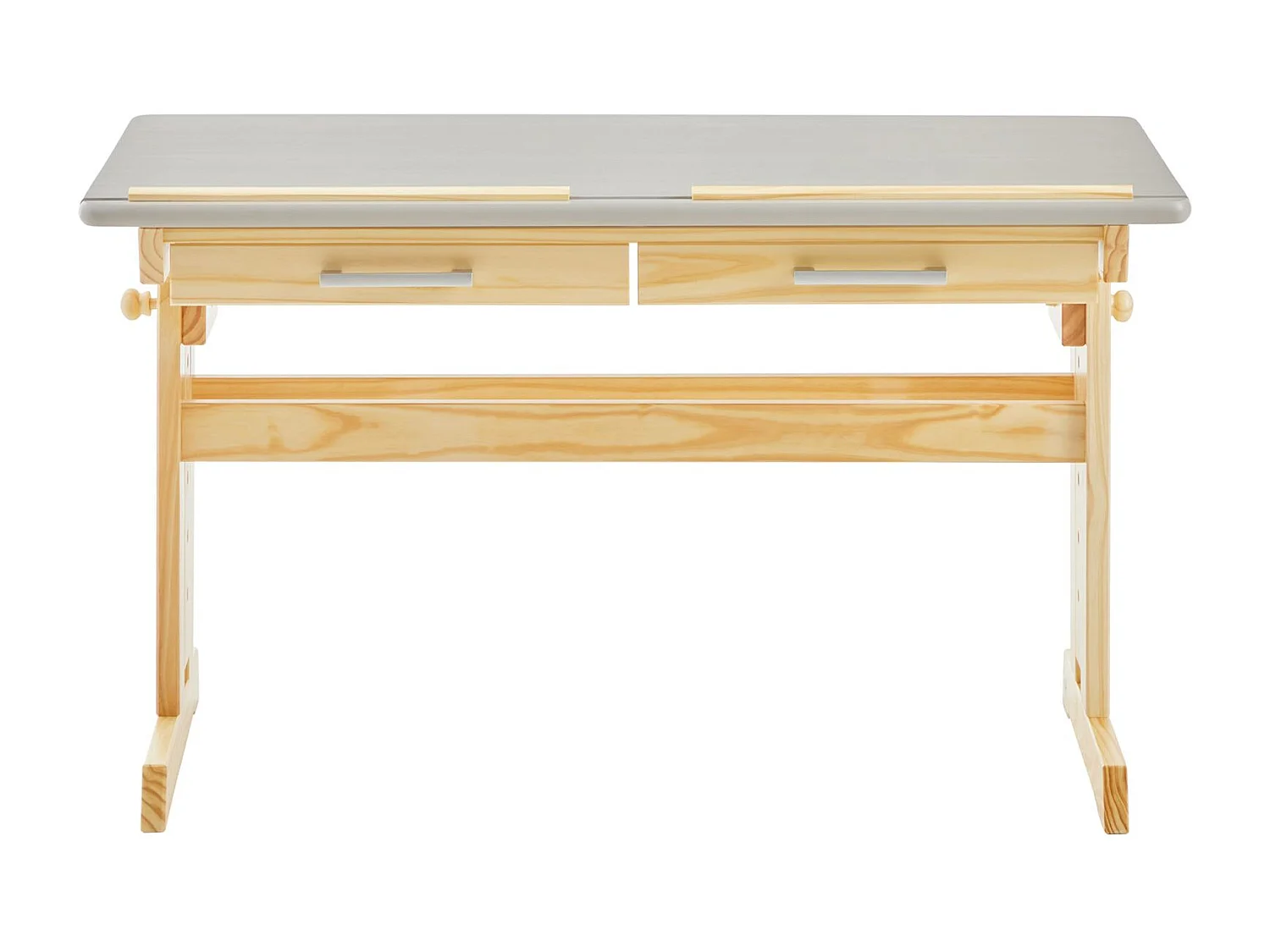 Bureau enfant écolier junior OLIVIA table à dessin réglable en hauteur et pupitre inclinable, 2 tiroirs en pin massif naturel/gris