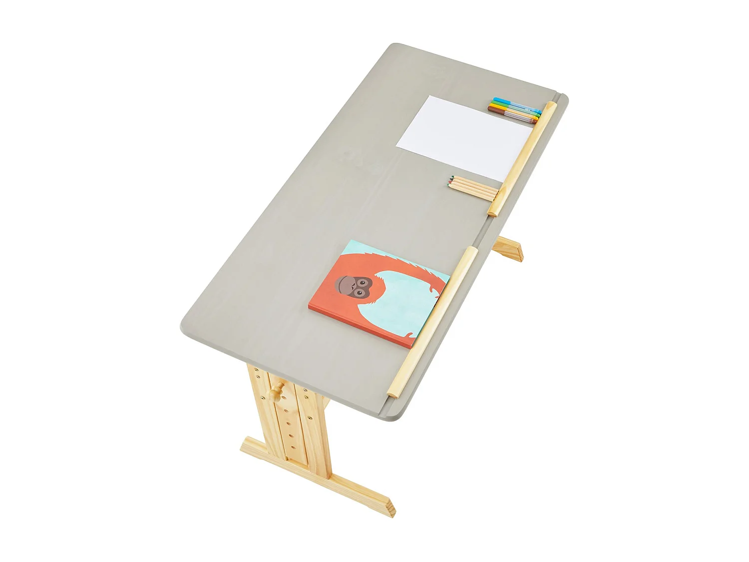 Bureau enfant écolier junior OLIVIA table à dessin réglable en hauteur et pupitre inclinable, 2 tiroirs en pin massif naturel/gris
