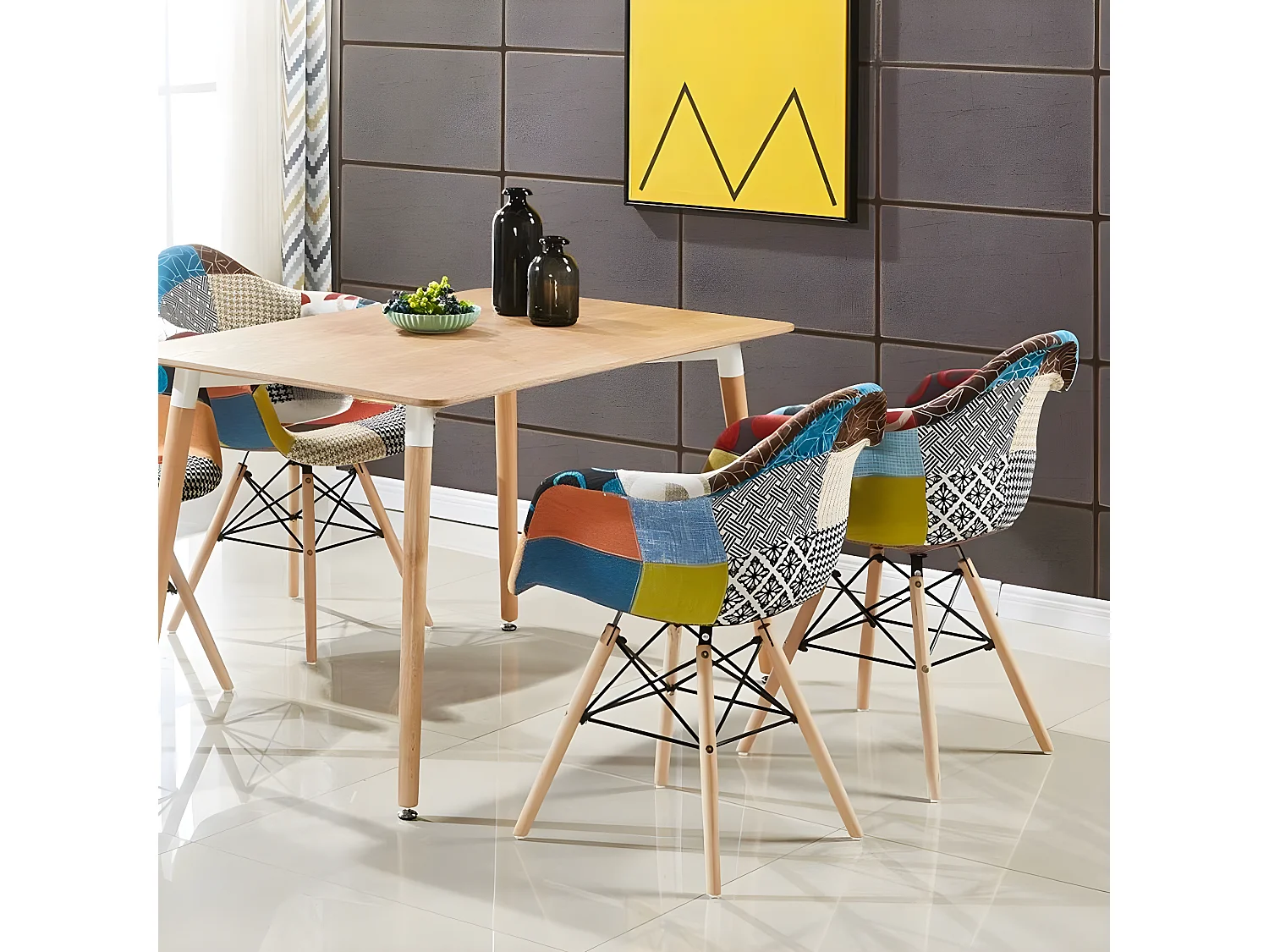 Ensemble de 2 fauteuils Moda patchwork Tub - Tissu recouvert de pieds en bois - Multicolore