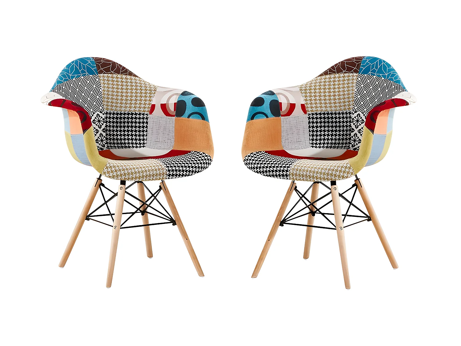 Ensemble de 2 fauteuils Moda patchwork Tub - Tissu recouvert de pieds en bois - Multicolore