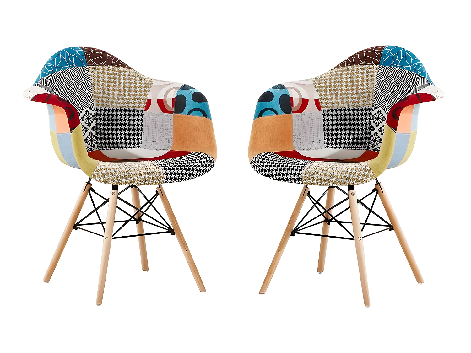 Set mit 2 Moda-Patchwork-Wannensesseln – Stoffbezug mit Holzbeinen – Mehrfarbig