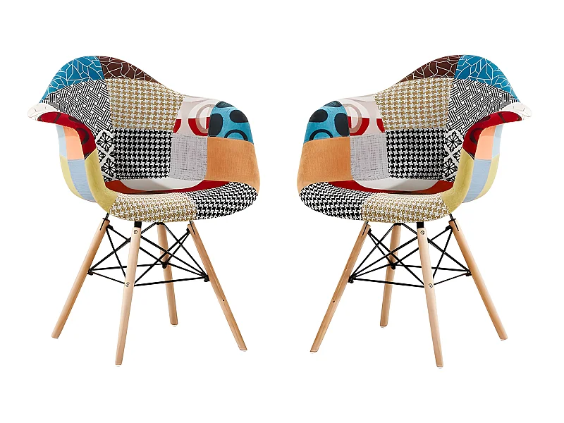Set mit 2 Moda-Patchwork-Wannensesseln – Stoffbezug mit Holzbeinen – Mehrfarbig