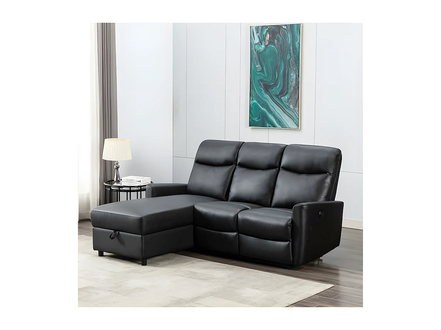 Canapé d'angle gauche avec rangement avec 1 place relax électrique - Cuir et simili noir cuir - JESS
