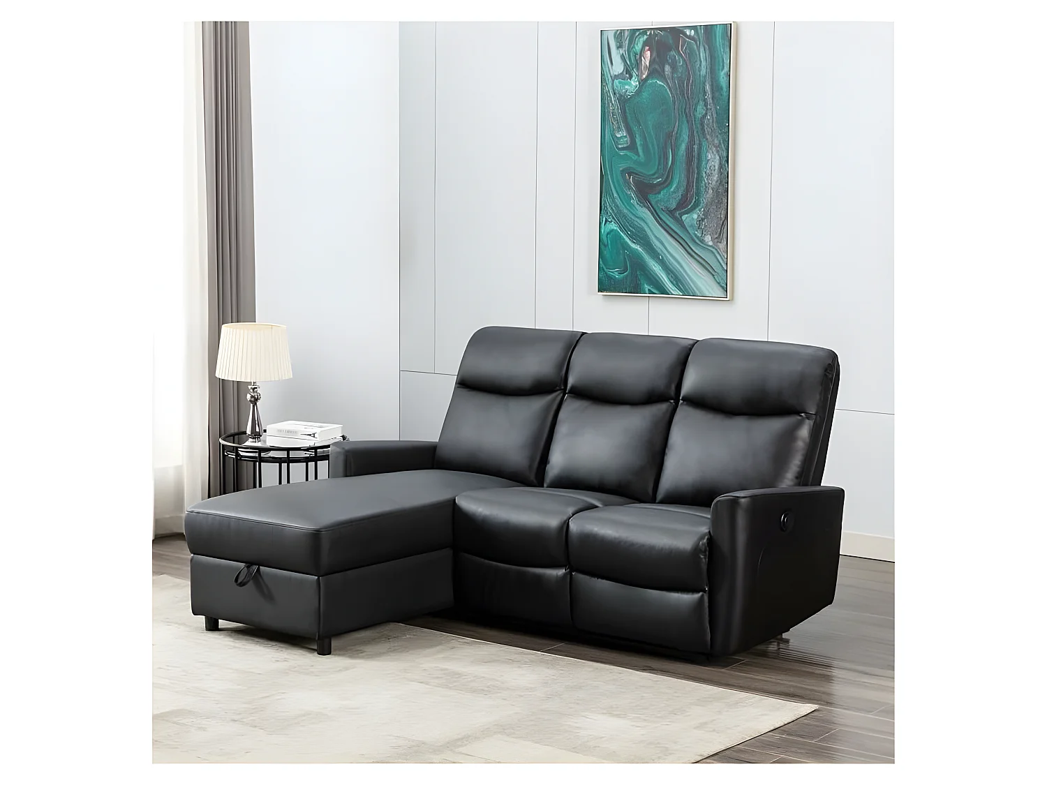 Canapé d'angle gauche avec rangement avec 1 place relax électrique - Cuir et simili noir cuir - JESS