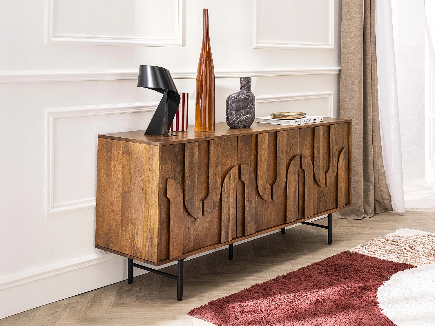 Credenza con 3 ante in Legno di mango e Metallo Nero Naturale  - MIZORAM