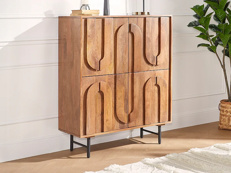 Buffet haut avec 4 portes en bois de manguier et métal noir - Naturel - MIZORAM de Maison Céphy