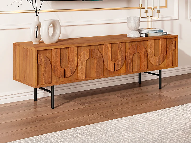 Mobile TV con 3 ante in Legno di mango e Metallo Nero Naturale  - MIZORAM