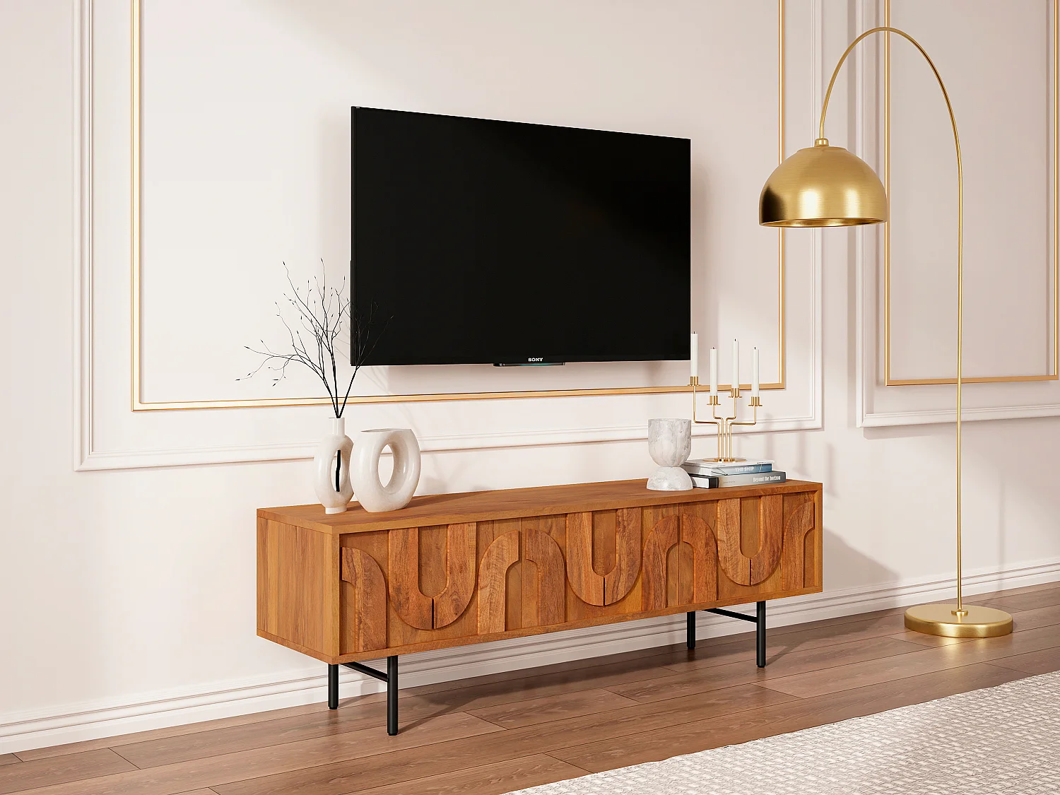 TV-möbel med 3 dörrar i mangoträ och svart metall - Ljust naturligt - MIZORAM från Maison Céphy