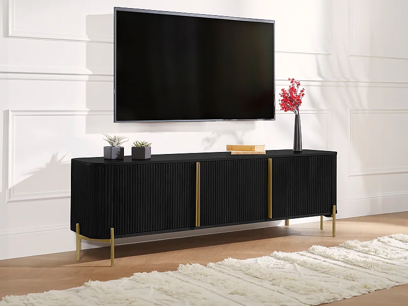 Meuble TV avec 3 portes en bois de manguier et métal - Noir et doré - BALIMELA