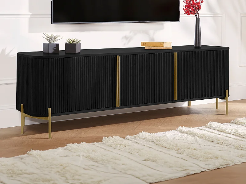 Meuble TV avec 3 portes en bois de manguier et métal - Noir et doré - BALIMELA