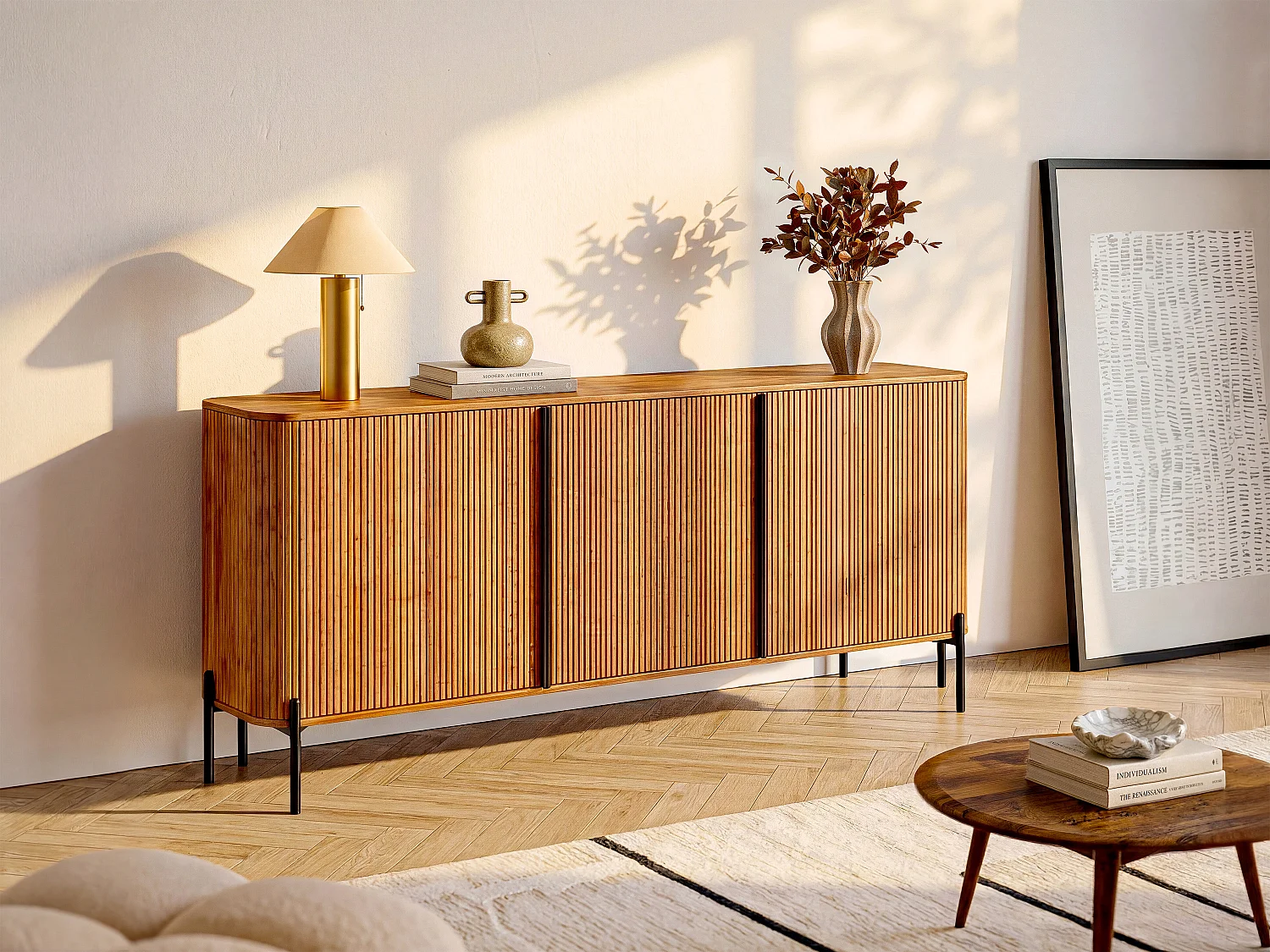 Buffet avec 3 portes en bois de manguier et métal - Naturel et noir - BALIMELA