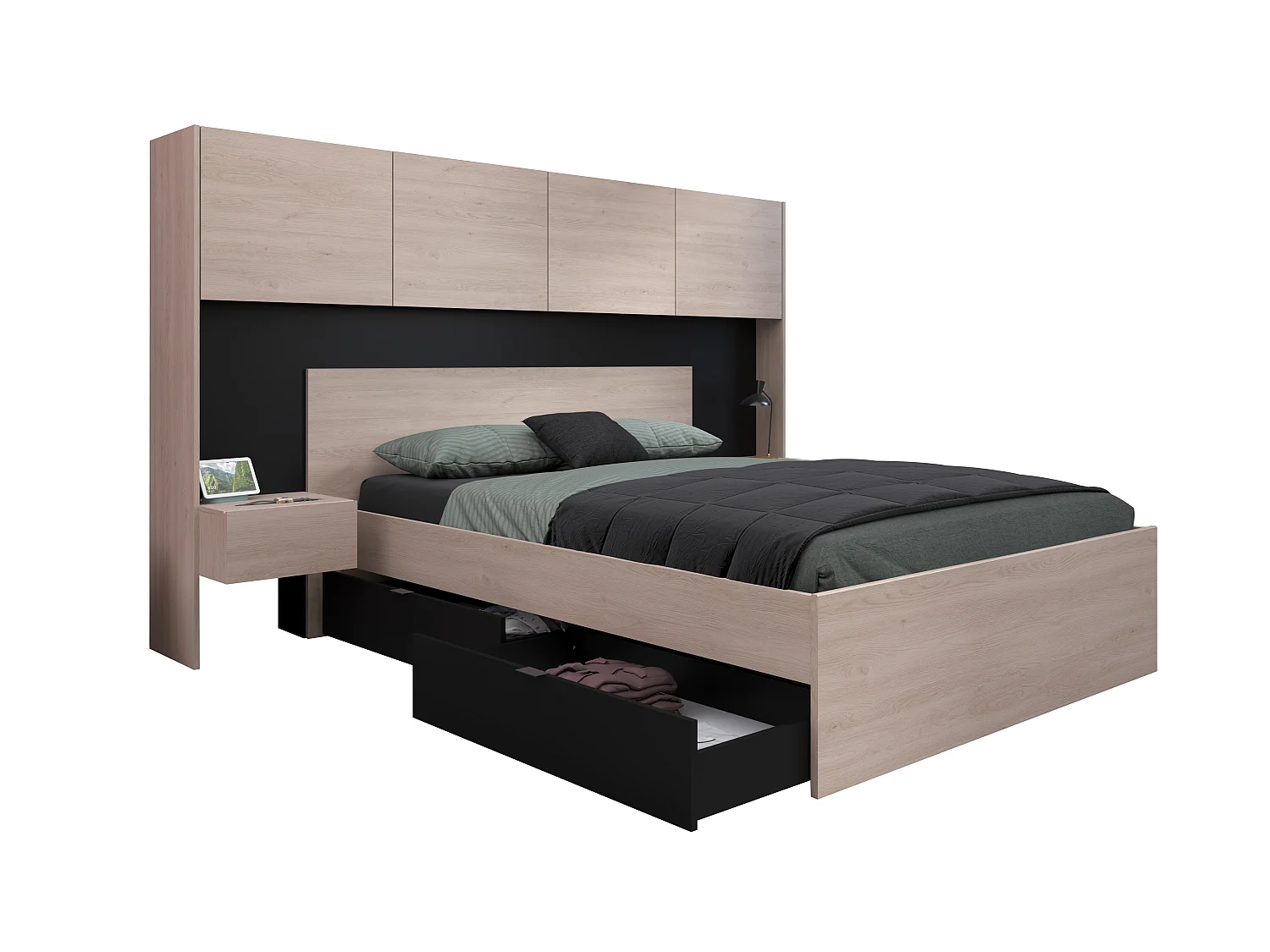 Lit 140 x 190 cm avec rangements et chevets - Coloris : Naturel et noir - AMBRILA