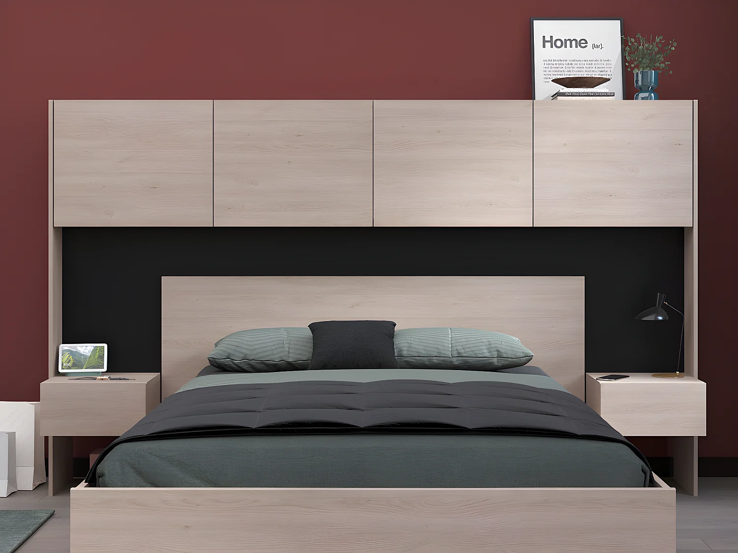 Cama 140 x 190 cm con compartimentos y mesas de noche - Color: natural y negro - AMBRILA