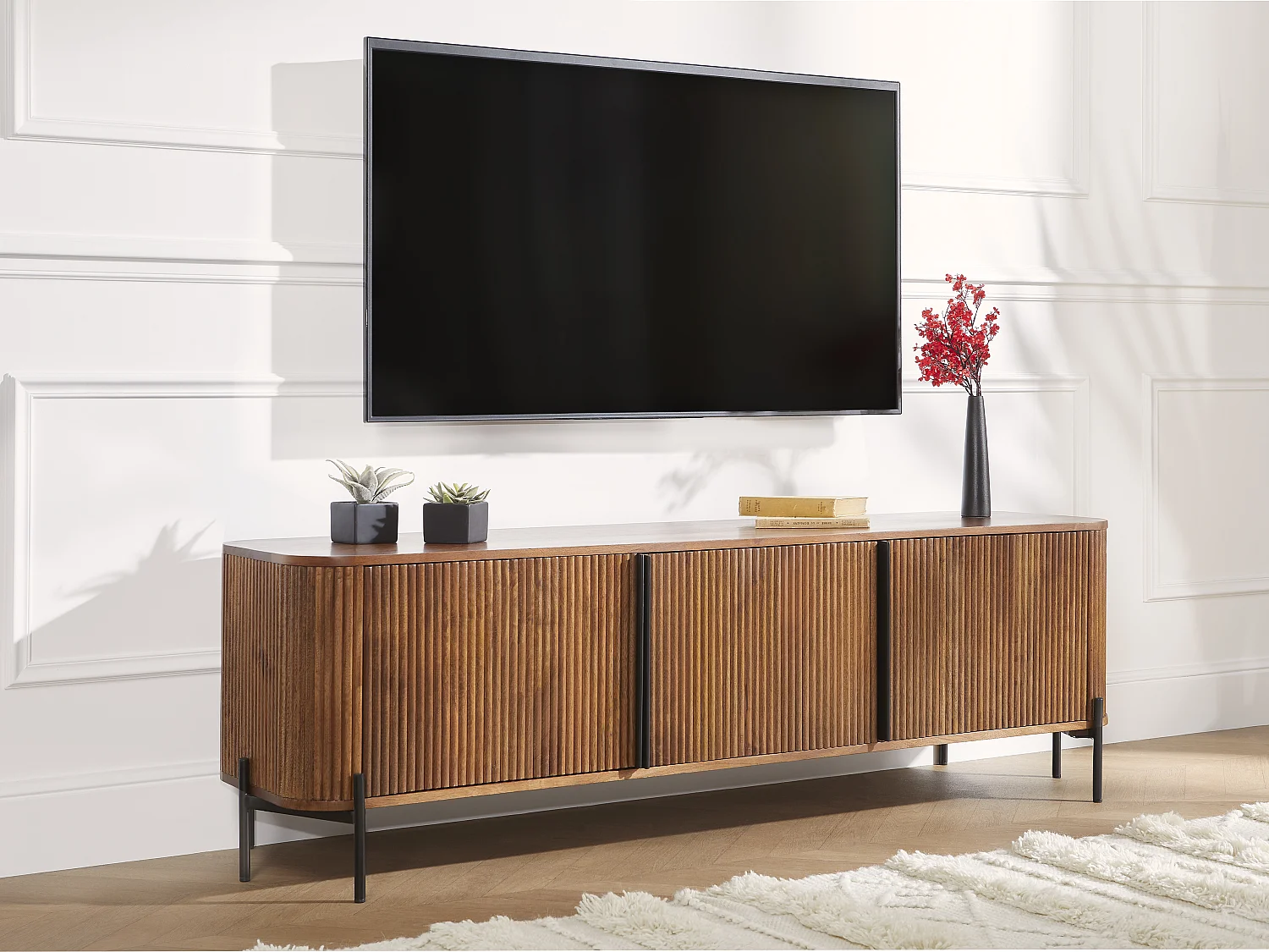 Meuble TV avec 3 portes en bois de manguier et métal - Naturel et noir - BALIMELA