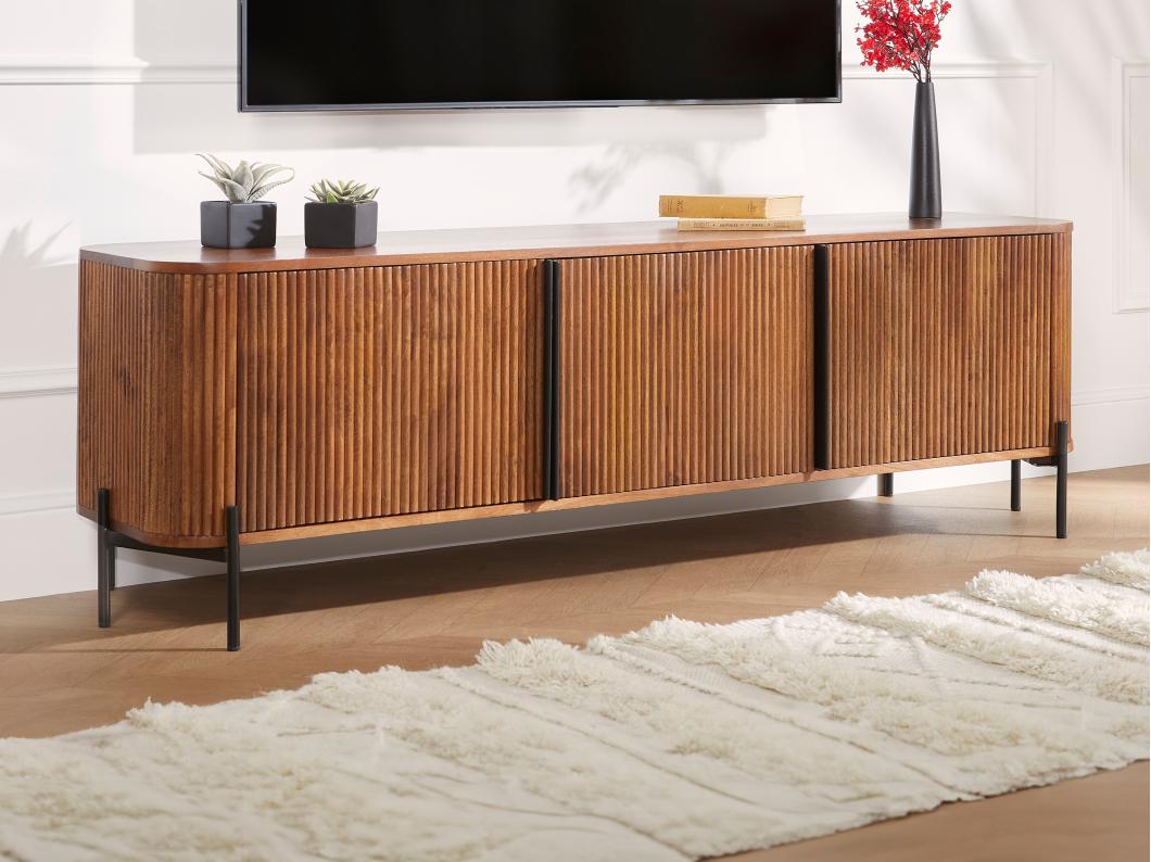 Meuble TV avec 3 portes en bois de manguier et métal - Naturel et noir - BALIMELA