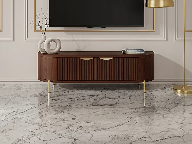 TV-Möbel mit 2 Türen - Mangoholz & Metall - Holzfarben & Goldfarben - NEVILI