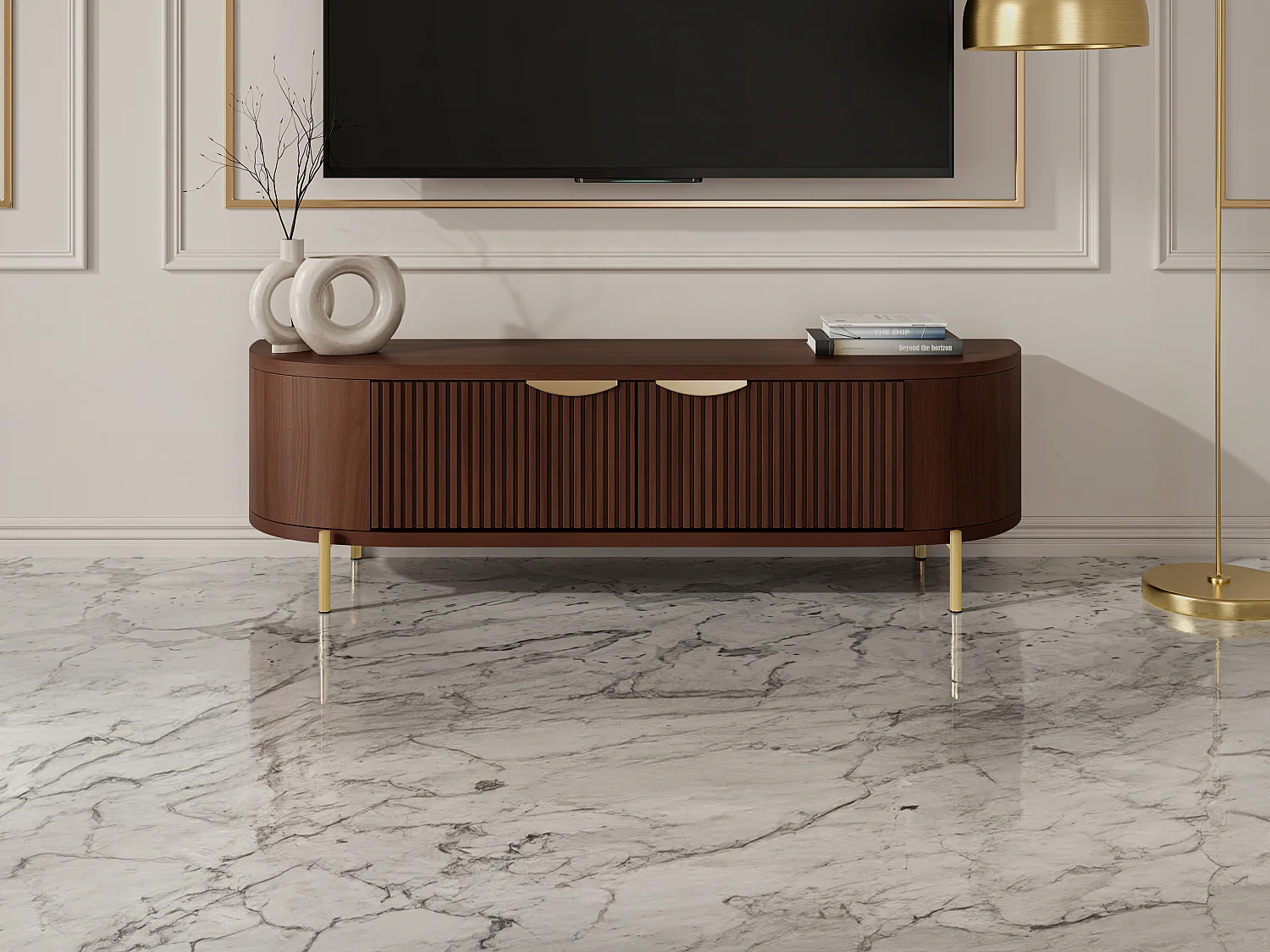 Meuble TV avec 2 portes en bois de manguier et métal doré - Naturel - NEVILI de Maison Céphy