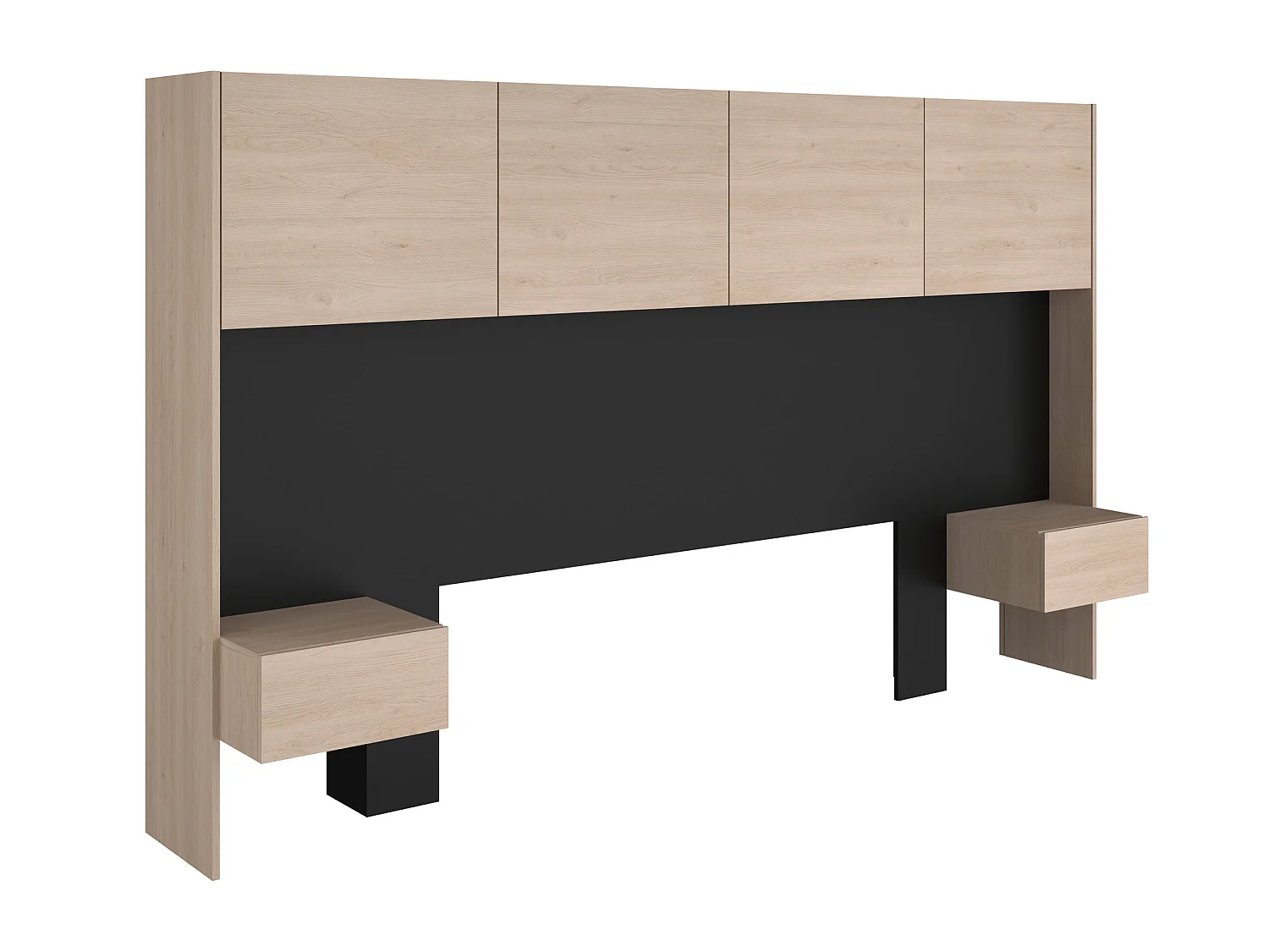 Lit 140 x 190 cm avec rangements et chevets - Coloris : Naturel et noir + Sommier - AMBRILA