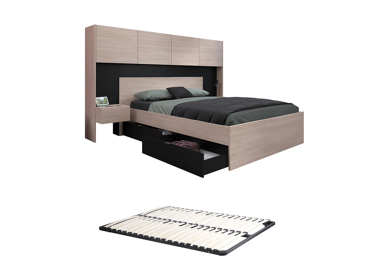 Lit 140 x 190 cm avec rangements et chevets - Coloris : Naturel et noir + Sommier - AMBRILA