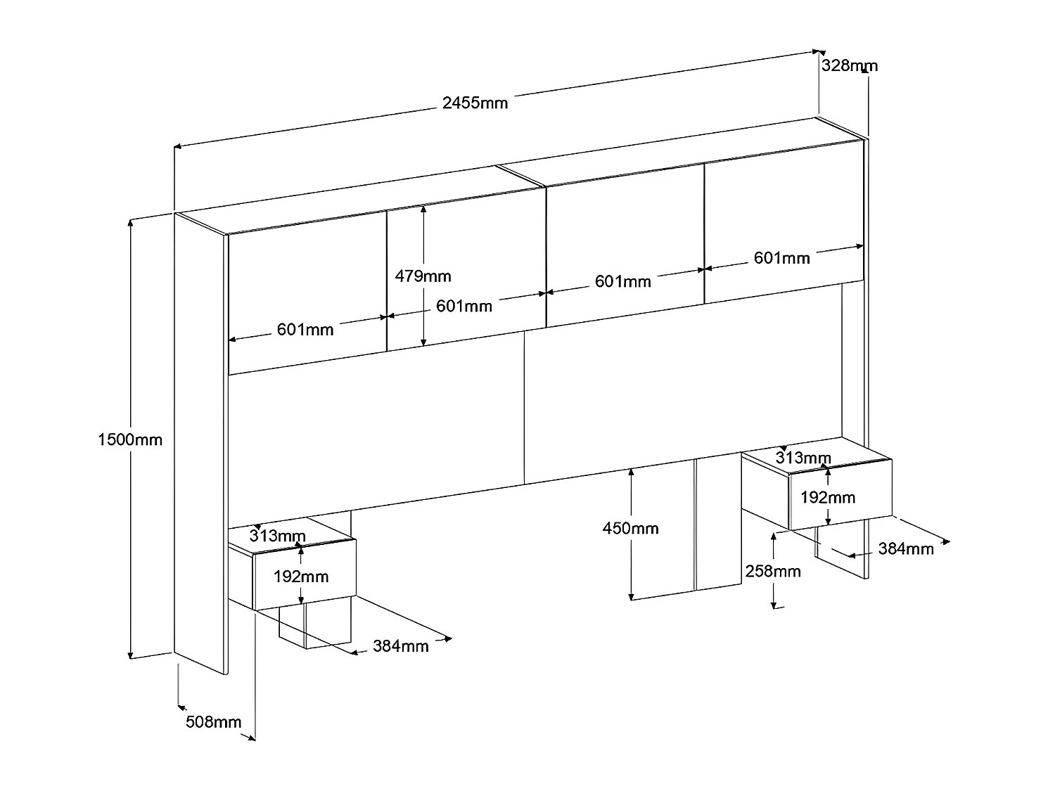 Bett mit Stauraum & Nachttischen - 140 x 190 cm - Holzfarben & Schwarz + Lattenrost - AMBRILA