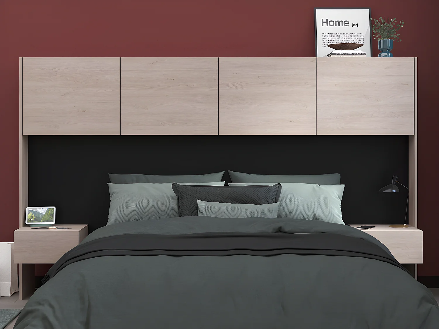 Bett mit Stauraum & Nachttischen - 140 x 190 cm - Holzfarben & Schwarz + Lattenrost - AMBRILA