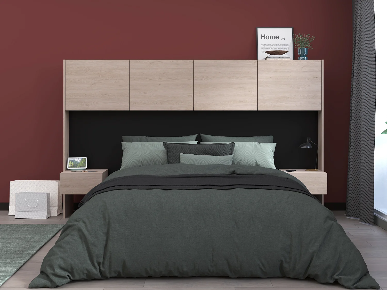 Lit 140 x 190 cm avec rangements et chevets - Coloris : Naturel et noir + Sommier + Matelas - AMBRILA