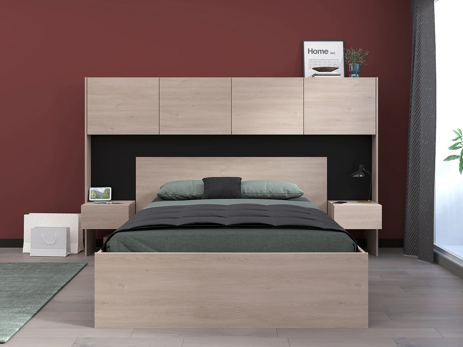 Lit 140 x 190 cm avec rangements et chevets - Coloris : Naturel et noir + Sommier + Matelas - AMBRILA
