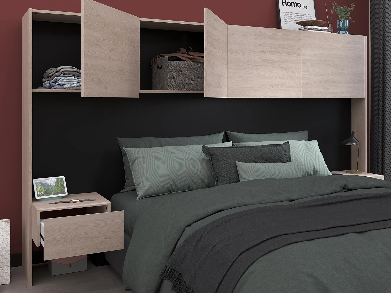 Bett mit Stauraum & Nachttischen + Lattenrost + Matratze - 140 x 190 cm - Holzfarben & Schwarz - AMBRILA