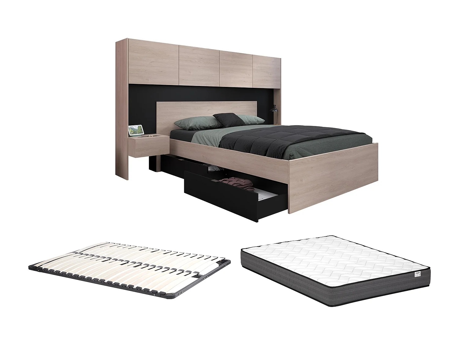 Bett mit Stauraum & Nachttischen + Lattenrost + Matratze - 140 x 190 cm - Holzfarben & Schwarz - AMBRILA