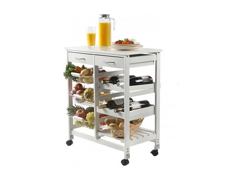 Desserte à roulettes avec 2 tiroirs et de multiples rangements - H. 76 cm - Blanche IDtendancedeco